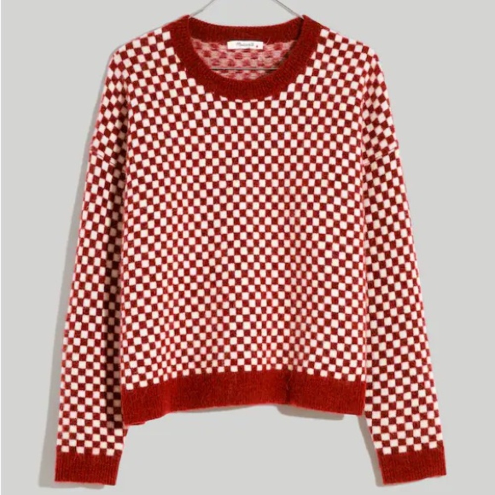 Red and White Madewell Checkerboard Jacquard Pullover Sweater in Medium